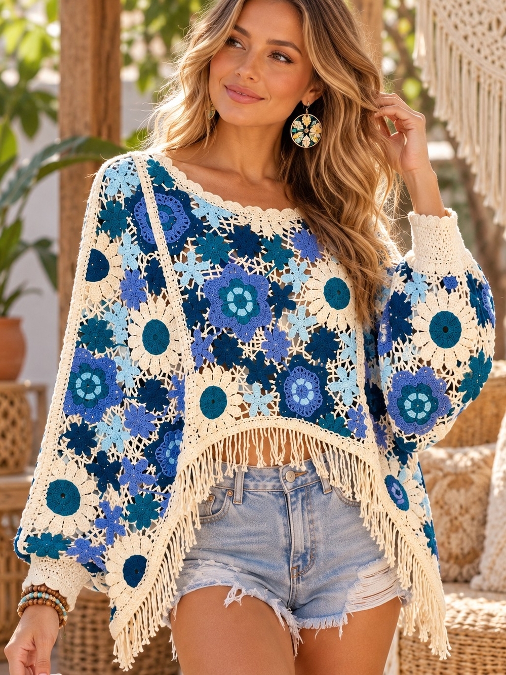 House of Harlow 1960 Crochet Floral Fringe Top Blue Teal One Size
